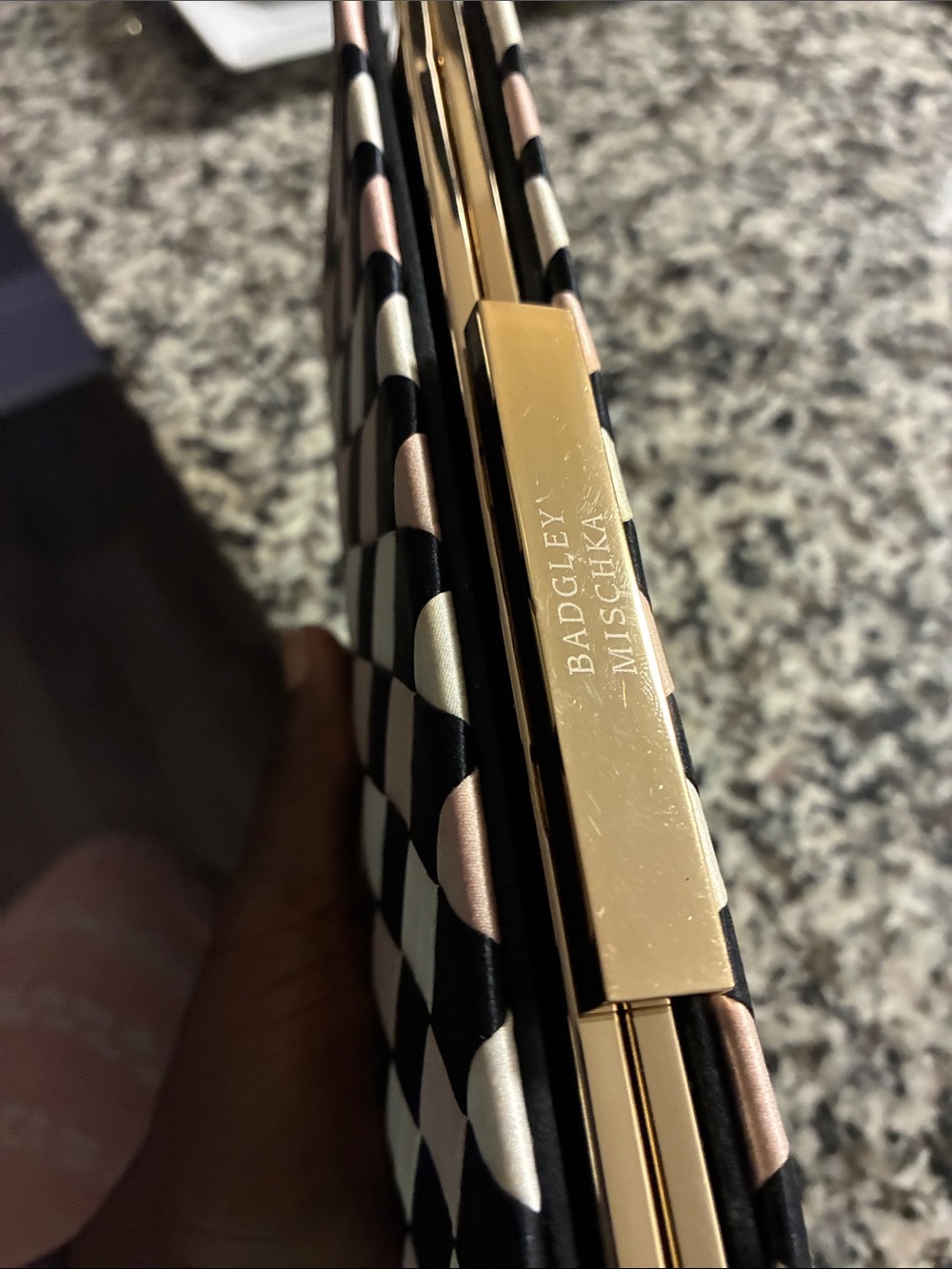 Badgley Mischka Black, White & Rose Gold Checker Satin Clutch with Gold Accent